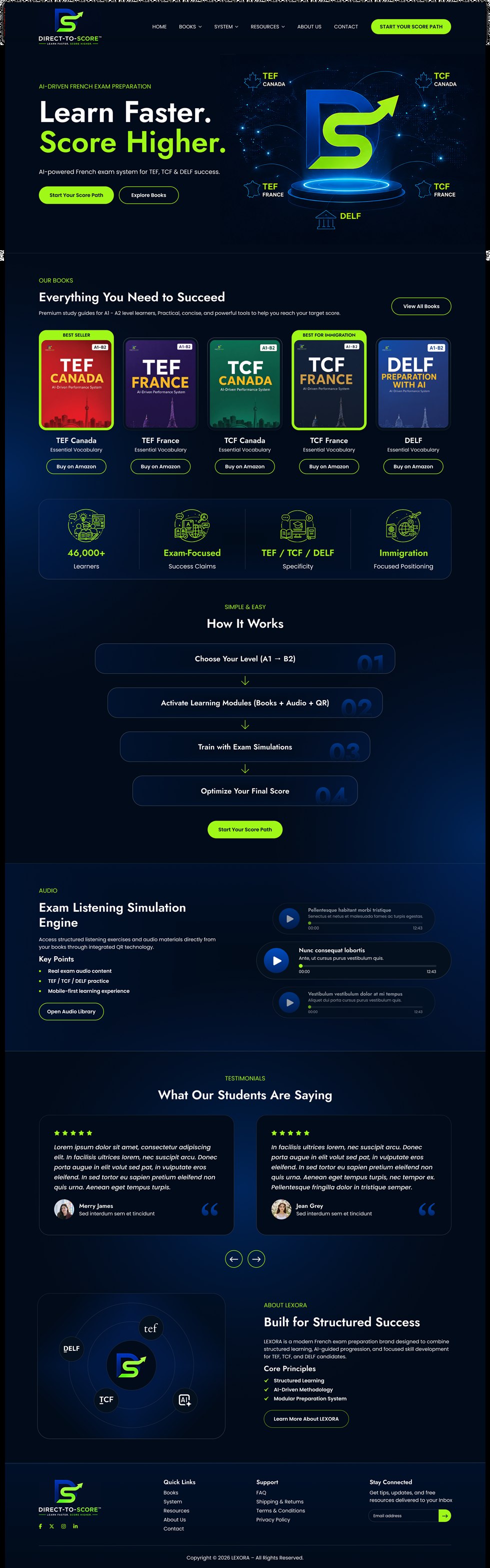 LEXORA desktop homepage design showing the exam preparation system, books, audio learning, and project information