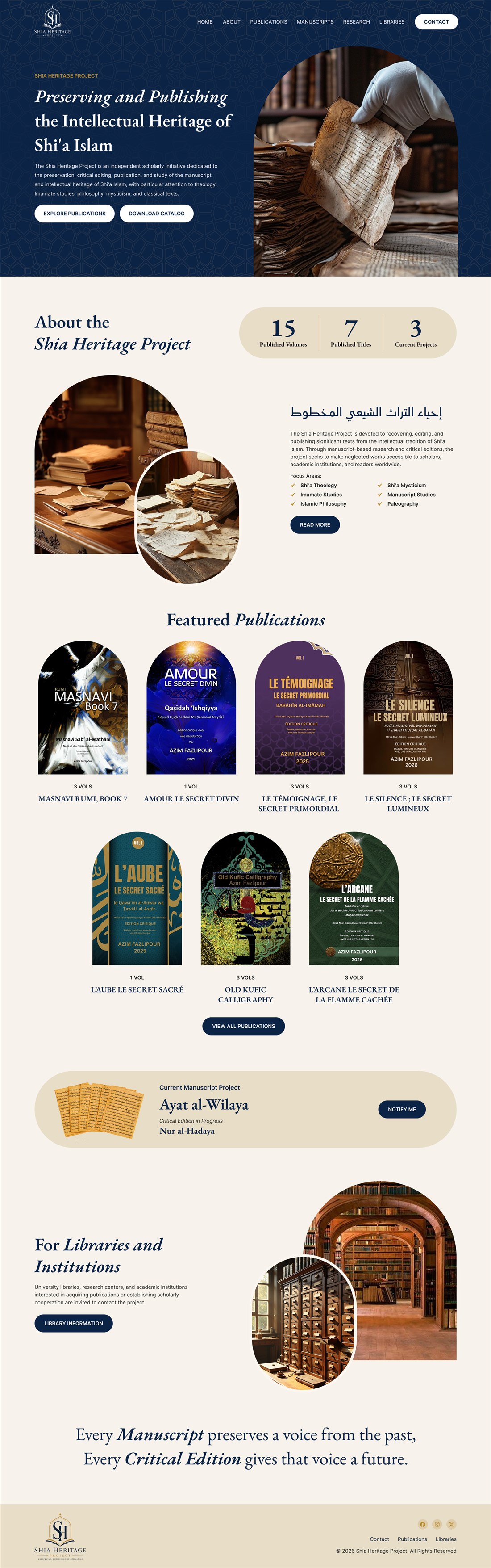 Shia Heritage website homepage showing manuscripts, publications, research and library services